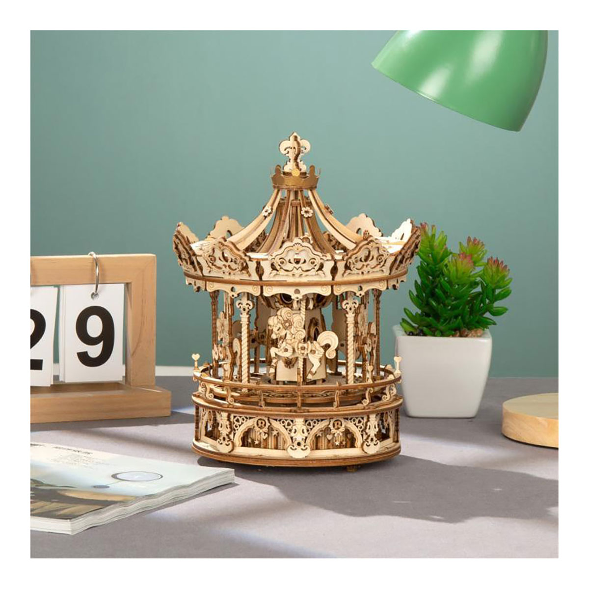 3D-Holzpuzzle, Karussel, beweglich, mit Musikwerk