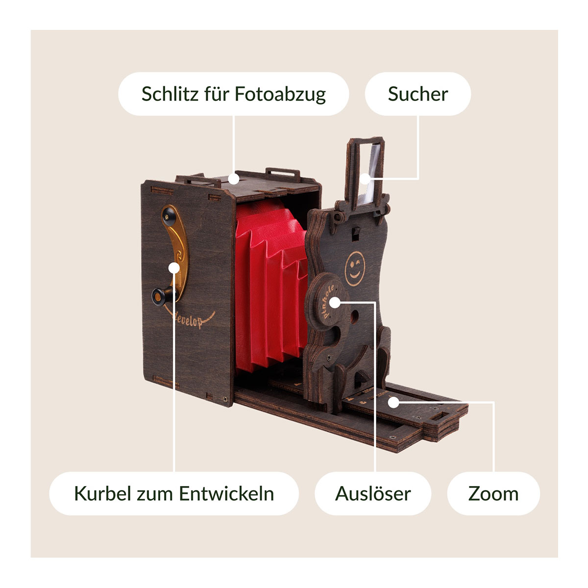 Vorteilsaktion: 3D-Holzpuzzle, Sofortbildkamera Bausatz, inkl. Fujifilm Instax (für 10 Aufnahmen) + gratis Stativ
