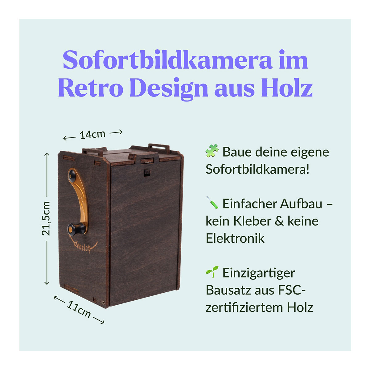 Vorteilsaktion: 3D-Holzpuzzle, Sofortbildkamera Bausatz, inkl. Fujifilm Instax (für 10 Aufnahmen) + gratis Stativ