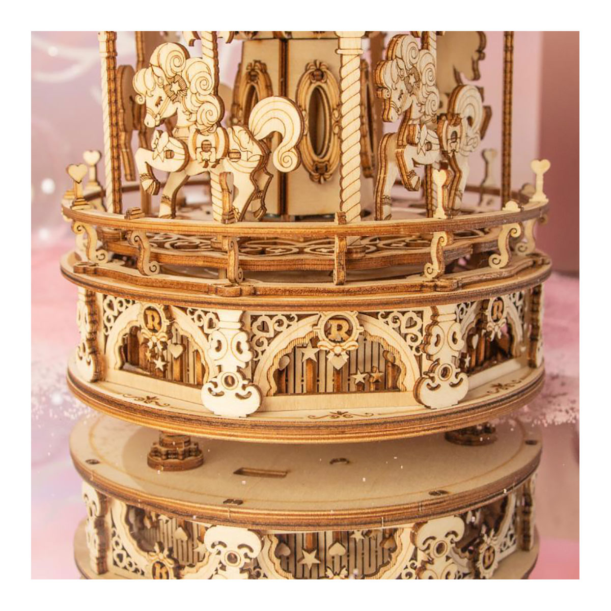 3D-Holzpuzzle, Karussel, beweglich, mit Musikwerk