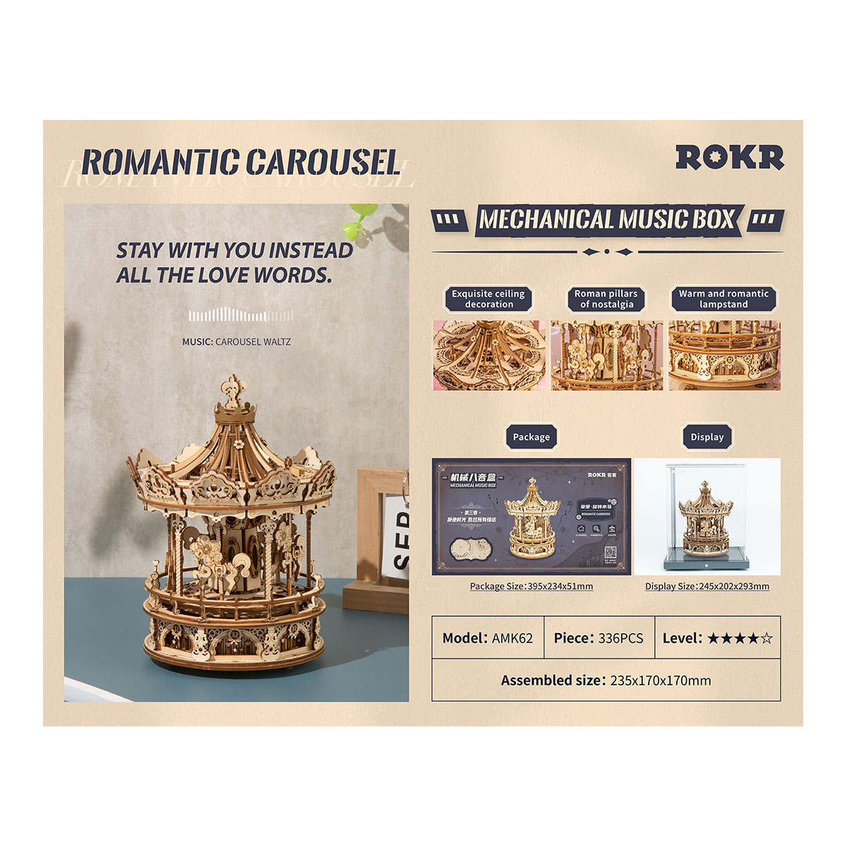 3D-Holzpuzzle, Karussel, beweglich, mit Musikwerk