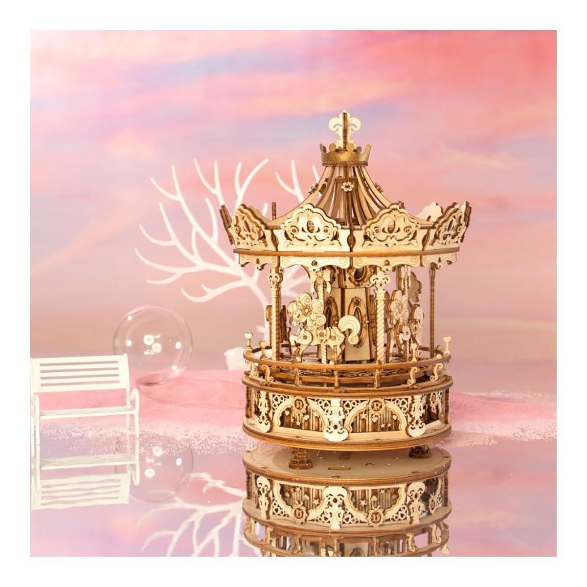 3D-Holzpuzzle, Karussel, beweglich, mit Musikwerk